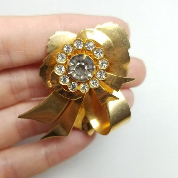 Vintage Gold Tone Rhinestone Brooch, Retro Mid Century Style Design, Estate - Picture 5 of 6